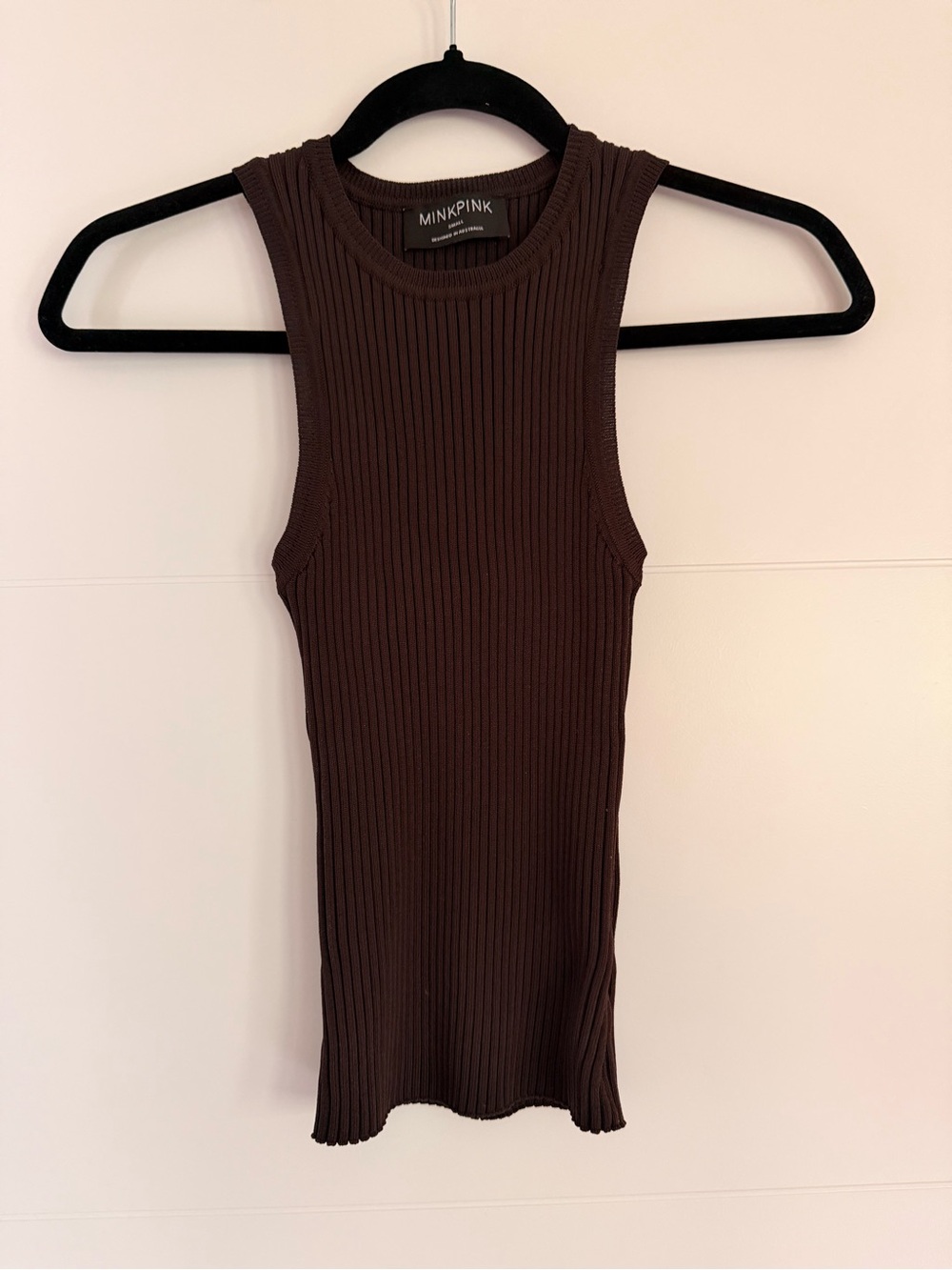 MINKPINK Chocolate Brown Ribbed Knit Tank Top – Fitted Racer Style
